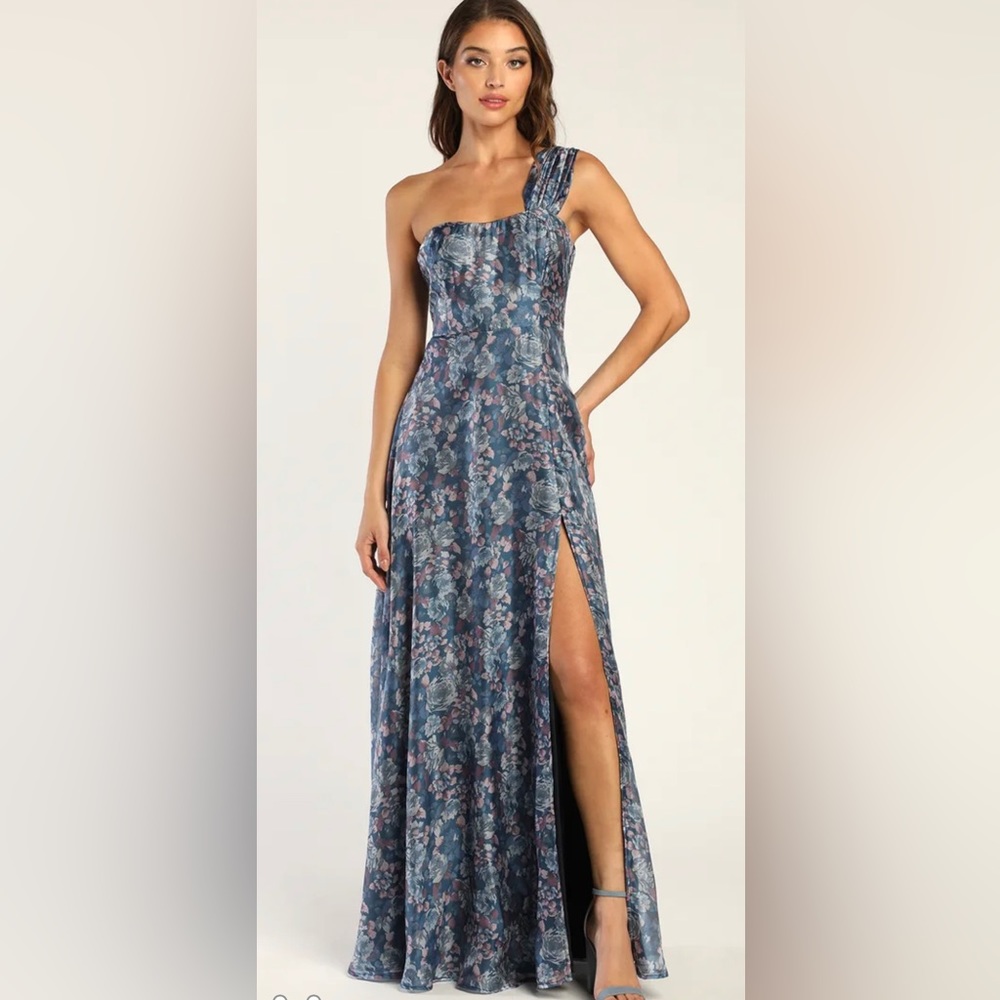 Happily Mine Slate Blue Floral Print One-Shoulder Maxi Dress Size Medium